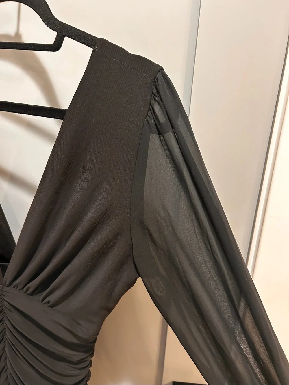 Windsor Black V-Neck Ruched Long Sleeve Mini Dress